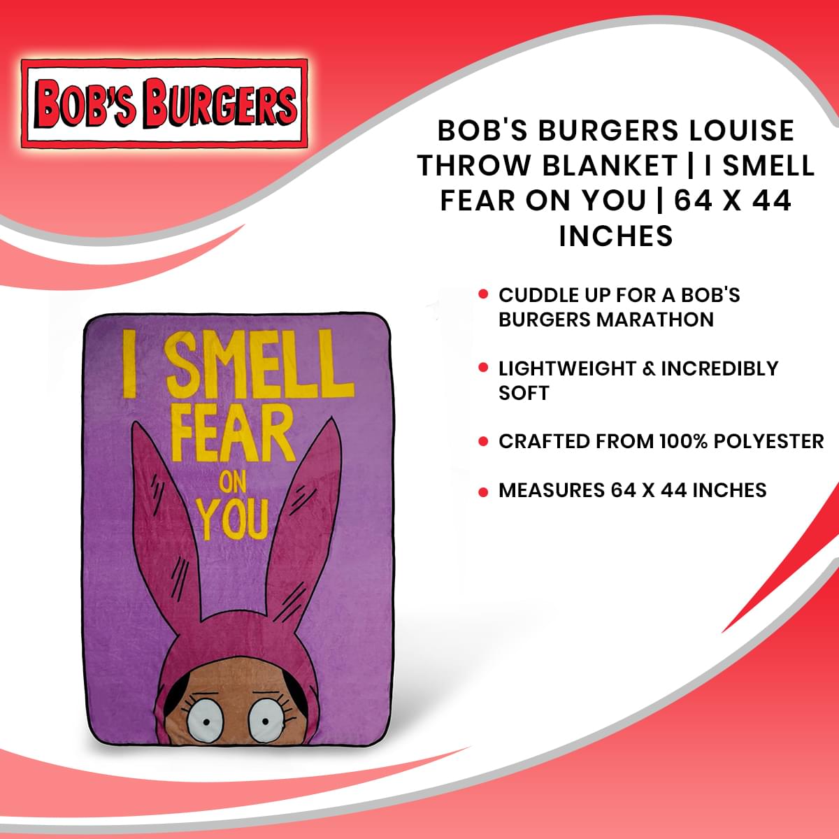 Bob's Burgers Louise Throw Blanket | I Smell Fear On You | 64 x 44 Inches