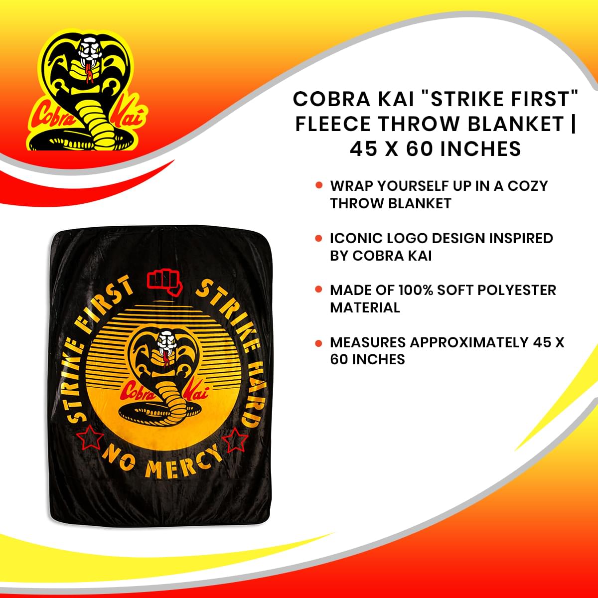 Cobra Kai "Strike First" Fleece Throw Blanket | 45 x 60 Inches