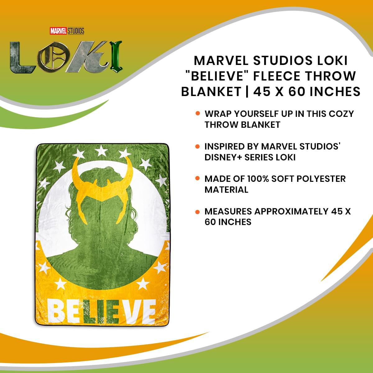 Marvel Studios Loki "Believe" Fleece Throw Blanket | 45 x 60 Inches