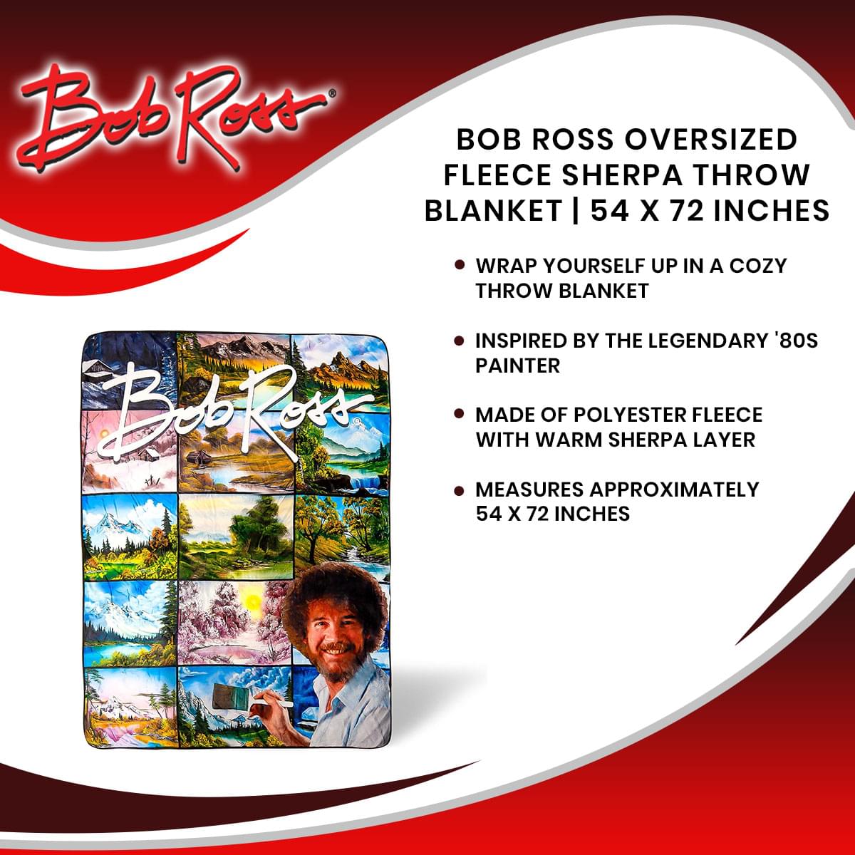 Bob Ross Oversized Fleece Sherpa Throw Blanket | 54 x 72 Inches