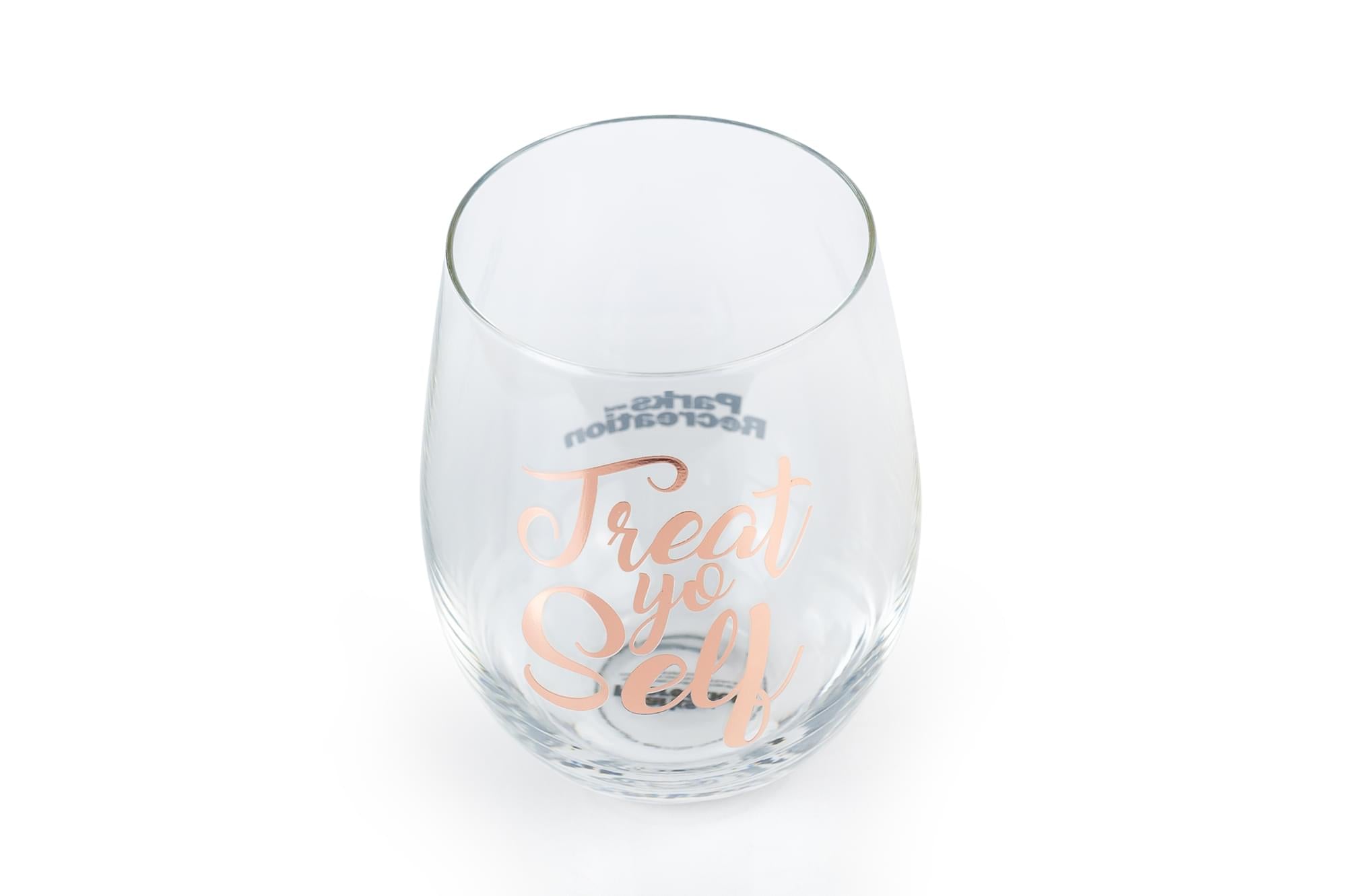 Parks and Recreation Treat Yo Self Stemless Wine Glass | Pink