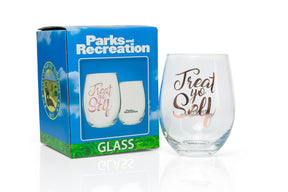 Parks and Recreation Treat Yo Self Stemless Wine Glass | Pink