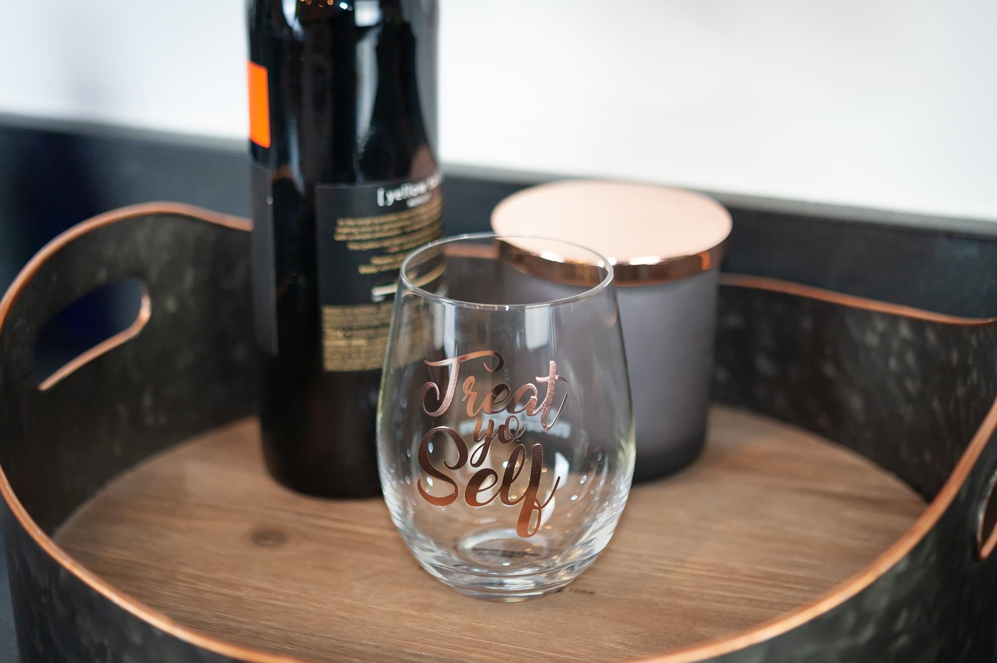 Parks and Recreation Treat Yo Self Stemless Wine Glass | Pink