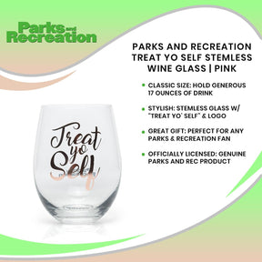 Parks and Recreation Treat Yo Self Stemless Wine Glass | Pink