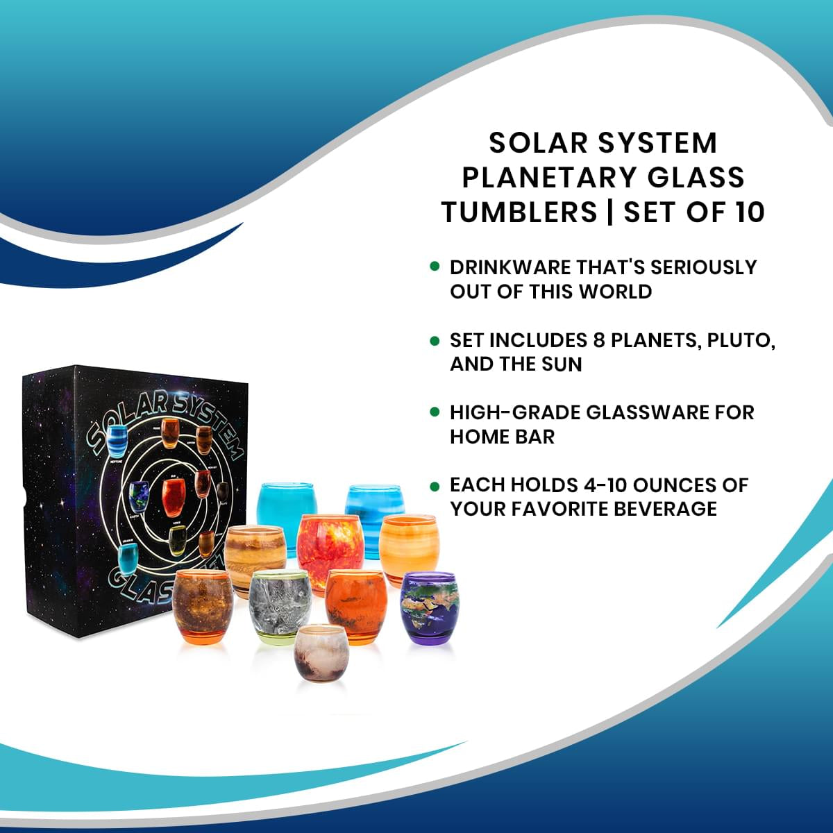 Solar System Planetary Glasses Set of 10 | Each Holds 4-10 Ounces