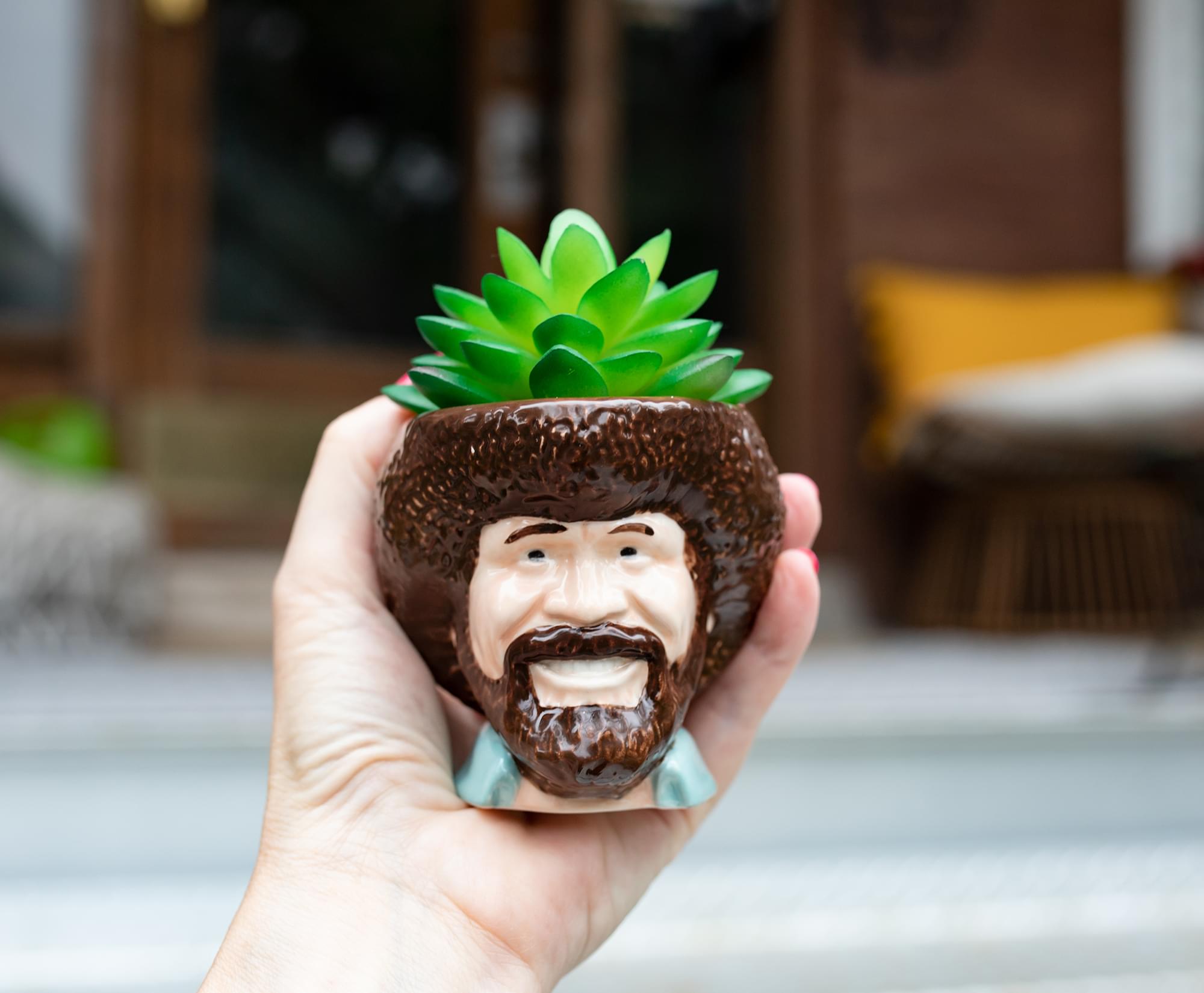 Bob Ross Mini Ceramic Planter with Artificial Succulent Plant