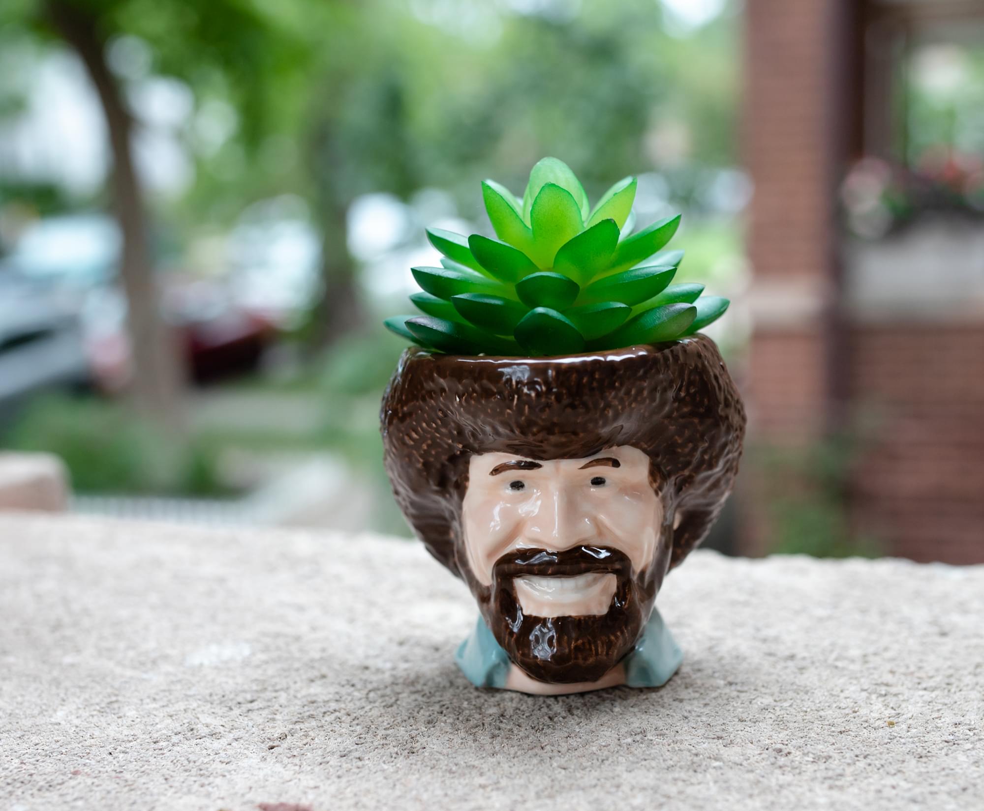 Bob Ross Mini Ceramic Planter with Artificial Succulent Plant