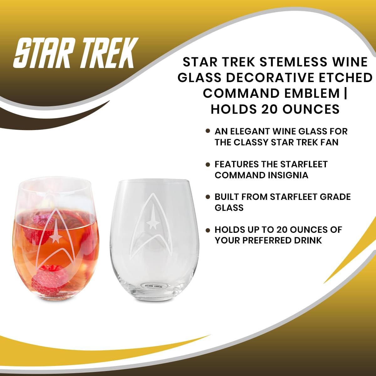 Star Trek Stemless Wine Glass Decorative Etched Command Emblem | Holds 20 Ounces