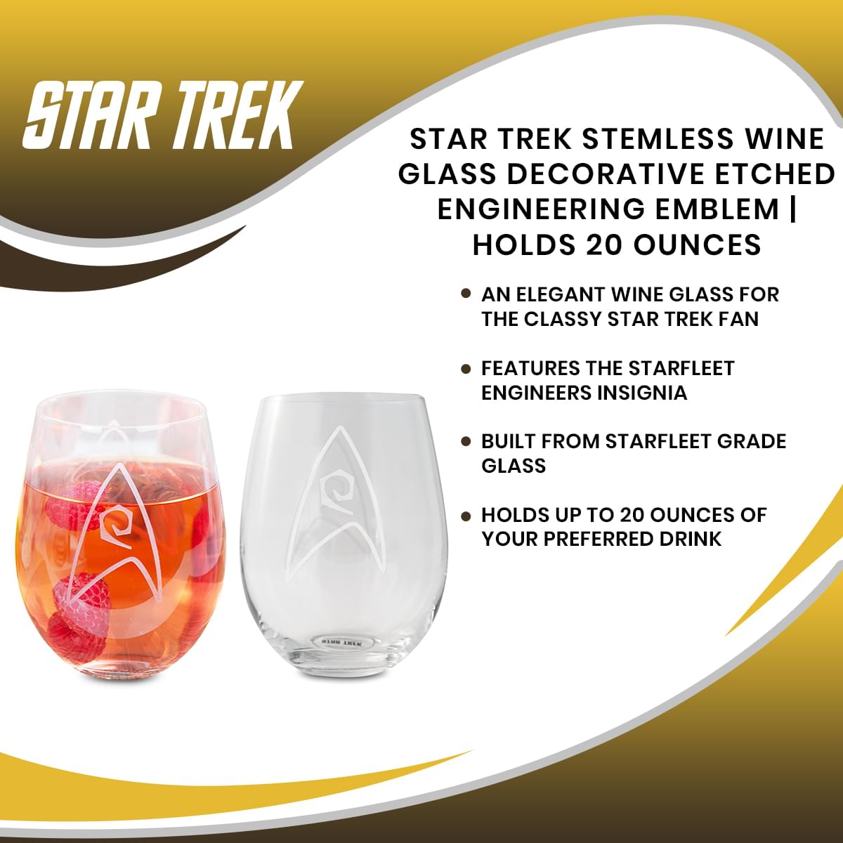 Star Trek Stemless Wine Glass Decorative Etched Engineering Emblem | Holds 20 Ounces