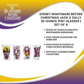 Disney Nightmare Before Christmas Jack & Sally 16-Ounce Pint Glasses | Set of 4