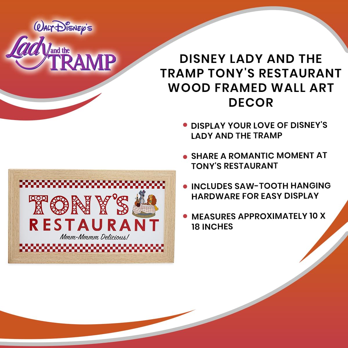 Disney Lady and the Tramp Tony's Restaurant Wood Framed Wall Art Decor