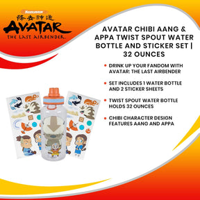 Avatar Chibi Aang & Appa Twist Spout Water Bottle And Sticker Set | 32 Ounces