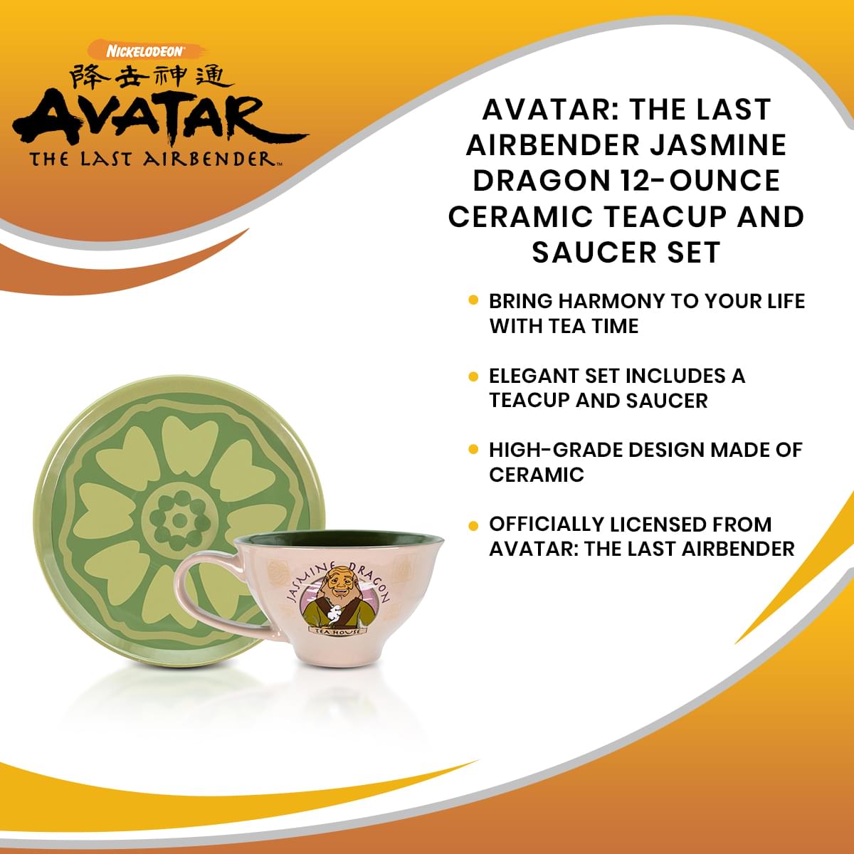 Avatar: The Last Airbender Jasmine Dragon 12-ounce Ceramic Teacup and Saucer Set