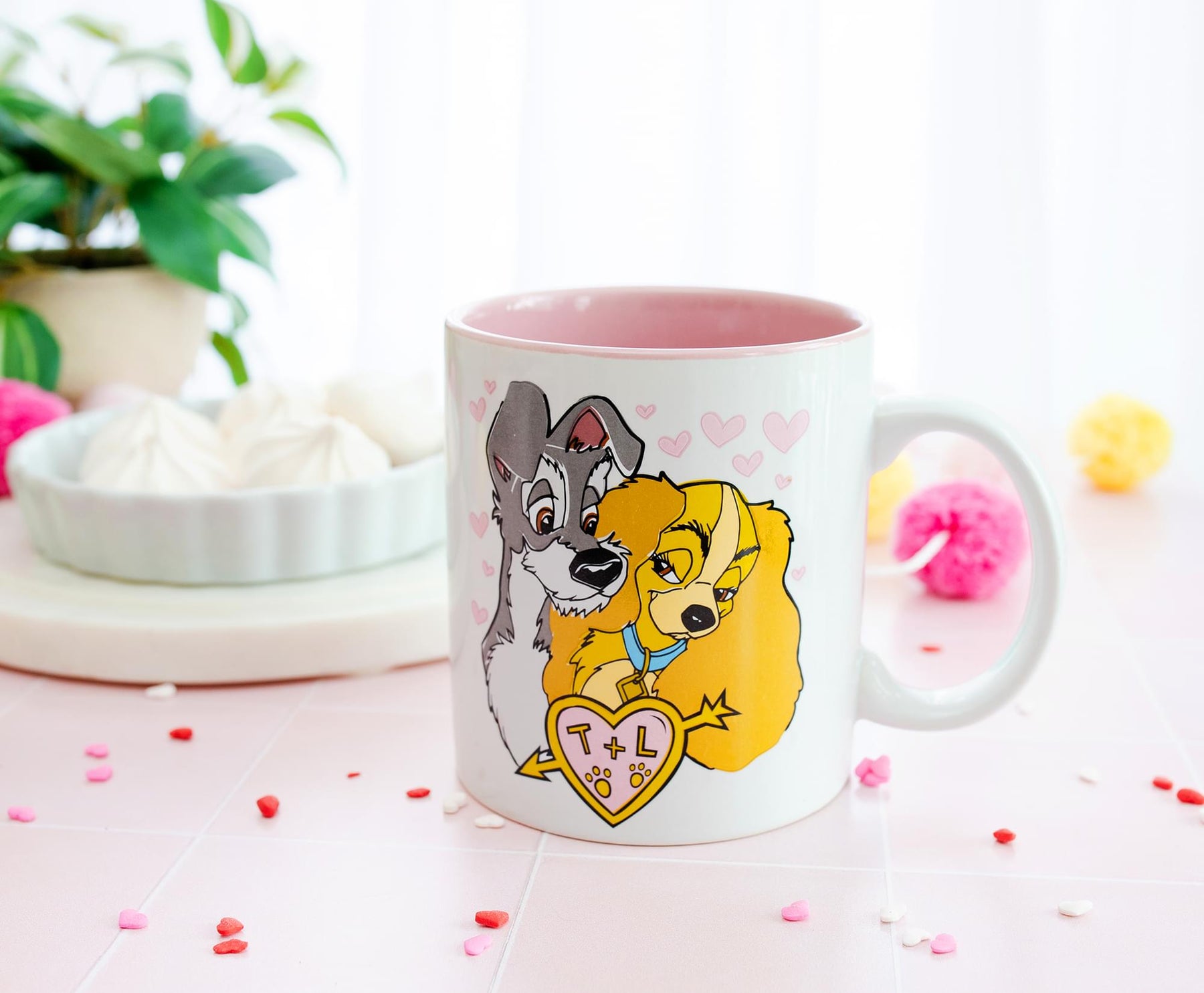 Disney Lady and the Tramp Doodle Sketch Hearts Ceramic Mug | Holds 20 Ounces