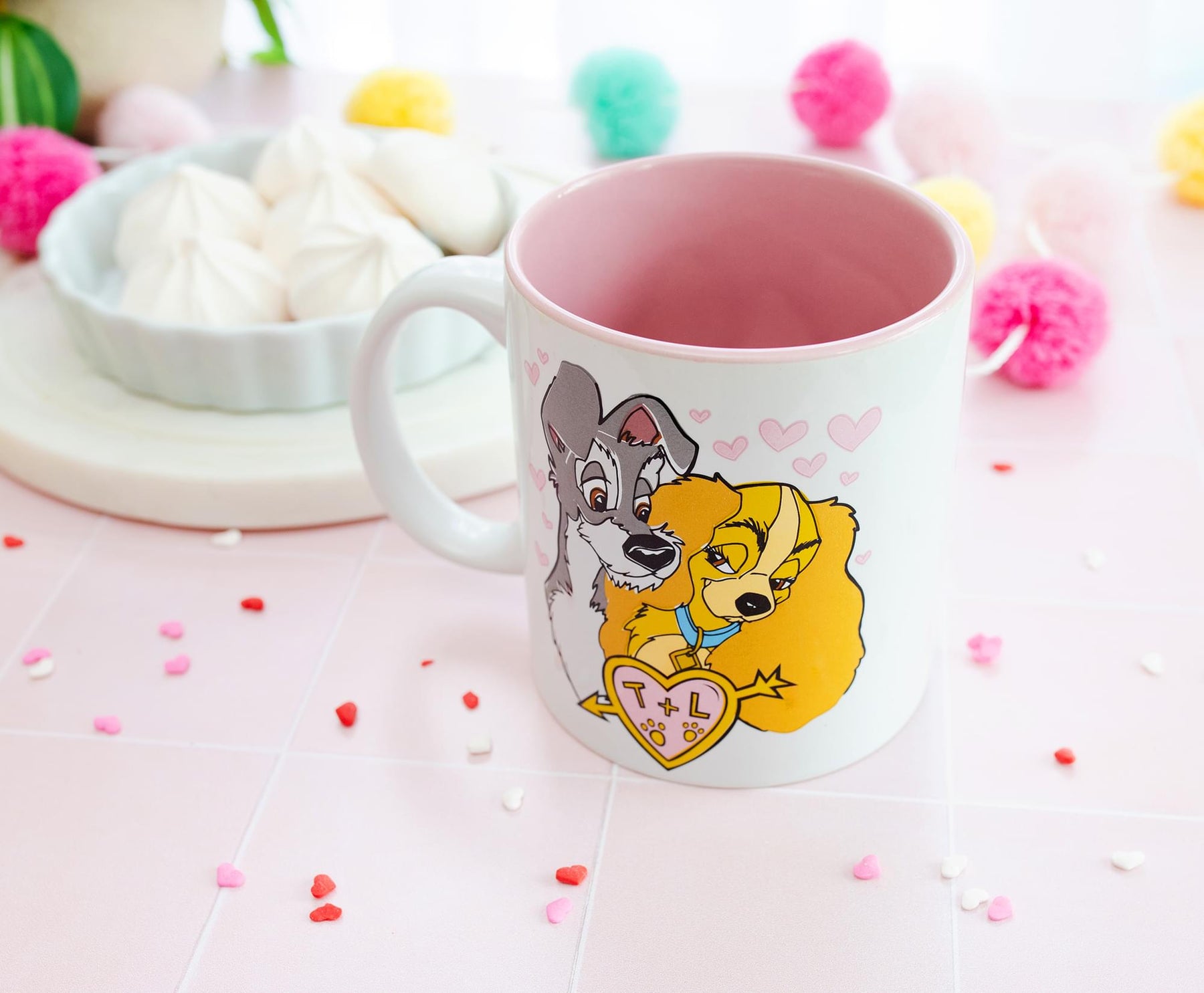 Disney Lady and the Tramp Doodle Sketch Hearts Ceramic Mug | Holds 20 Ounces