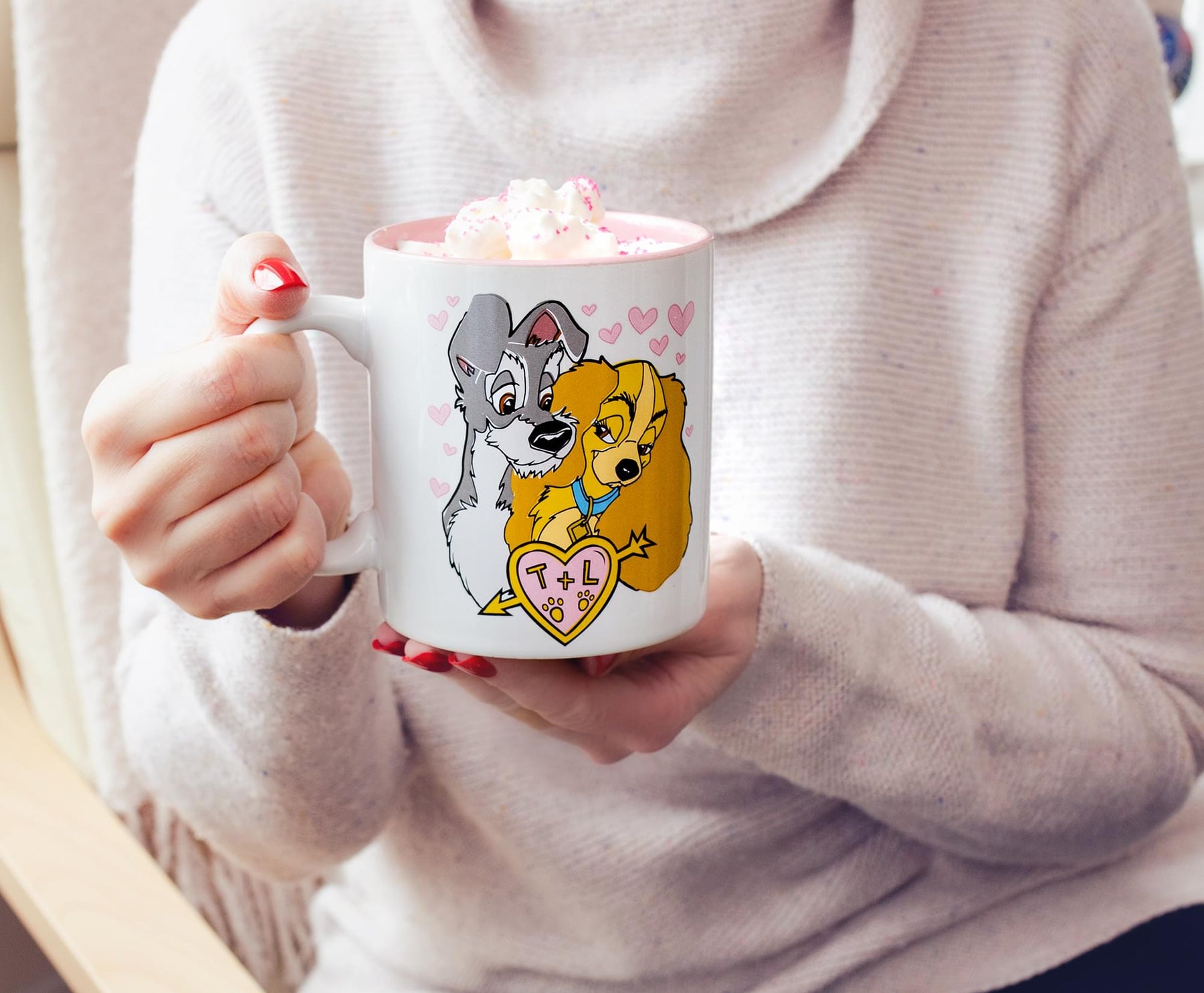 Disney Lady and the Tramp Doodle Sketch Hearts Ceramic Mug | Holds 20 Ounces