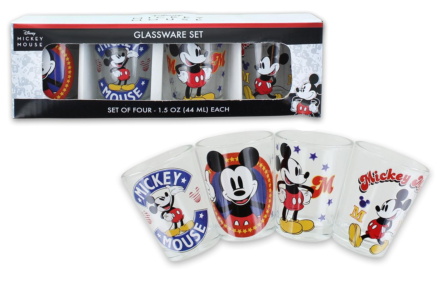 Disney Mickey Mouse Vintage Logos 4 Piece Mini Glass Set