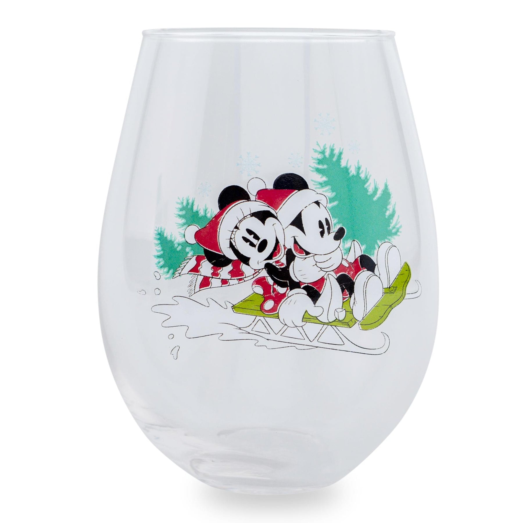 Disney Mickey and Minnie Christmas Sled Stemless Wine Glass | Holds 34 Ounces