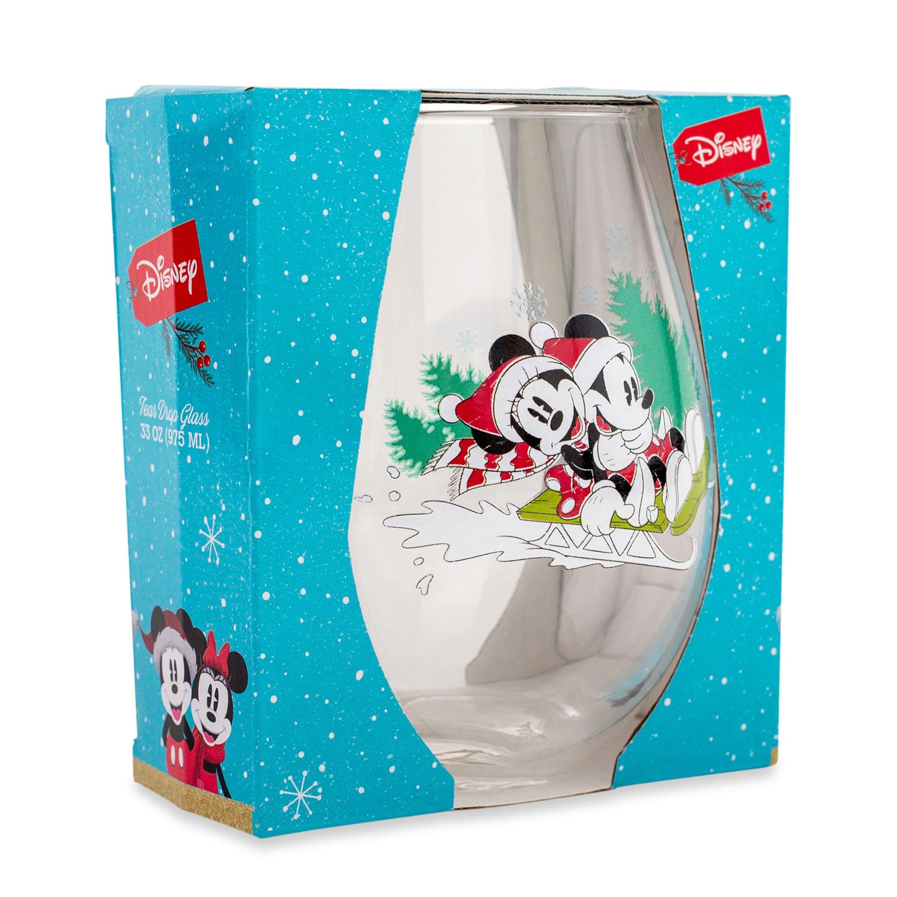 Disney Mickey and Minnie Christmas Sled Stemless Wine Glass | Holds 34 Ounces