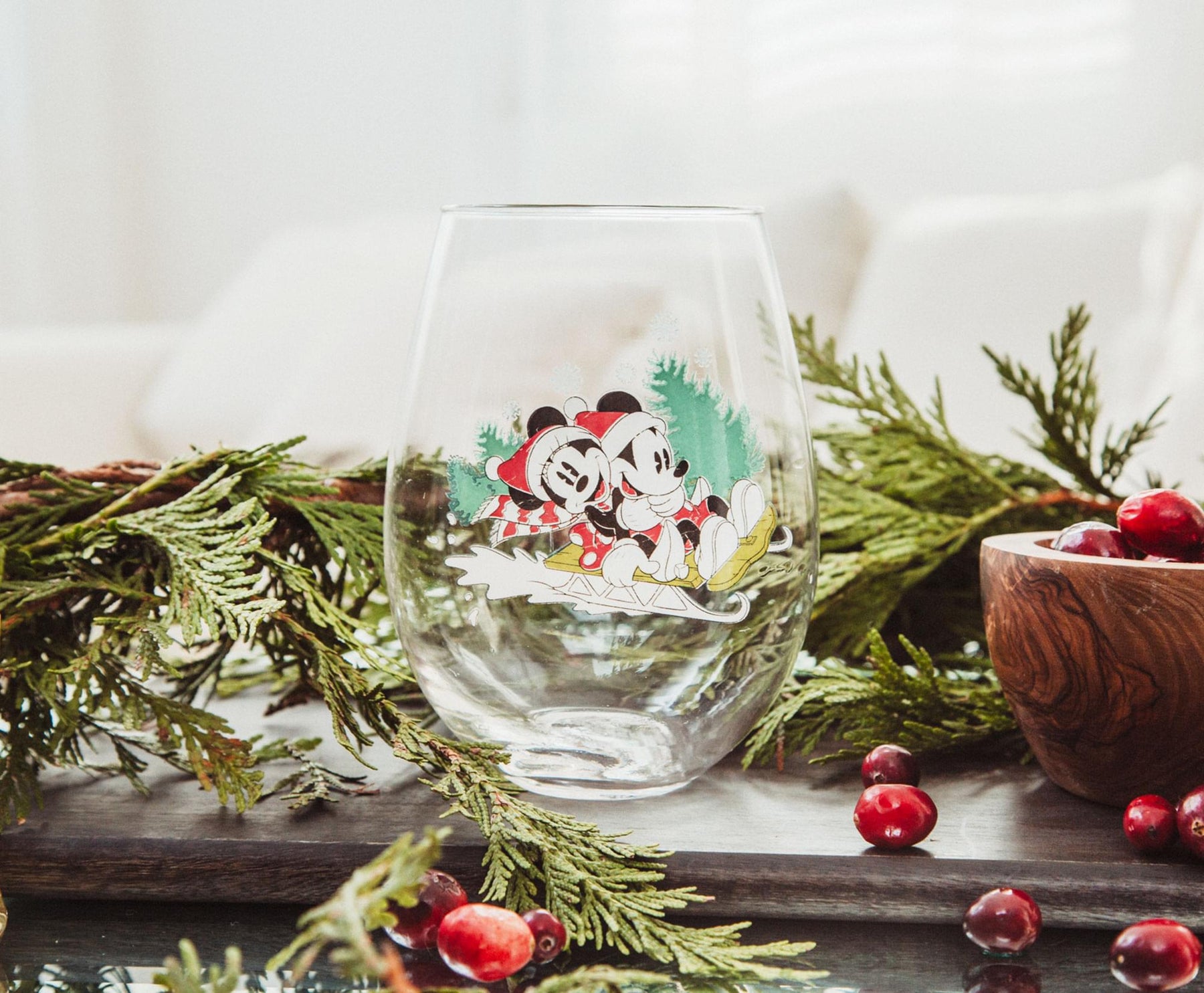 Disney Mickey and Minnie Christmas Sled Stemless Wine Glass | Holds 34 Ounces