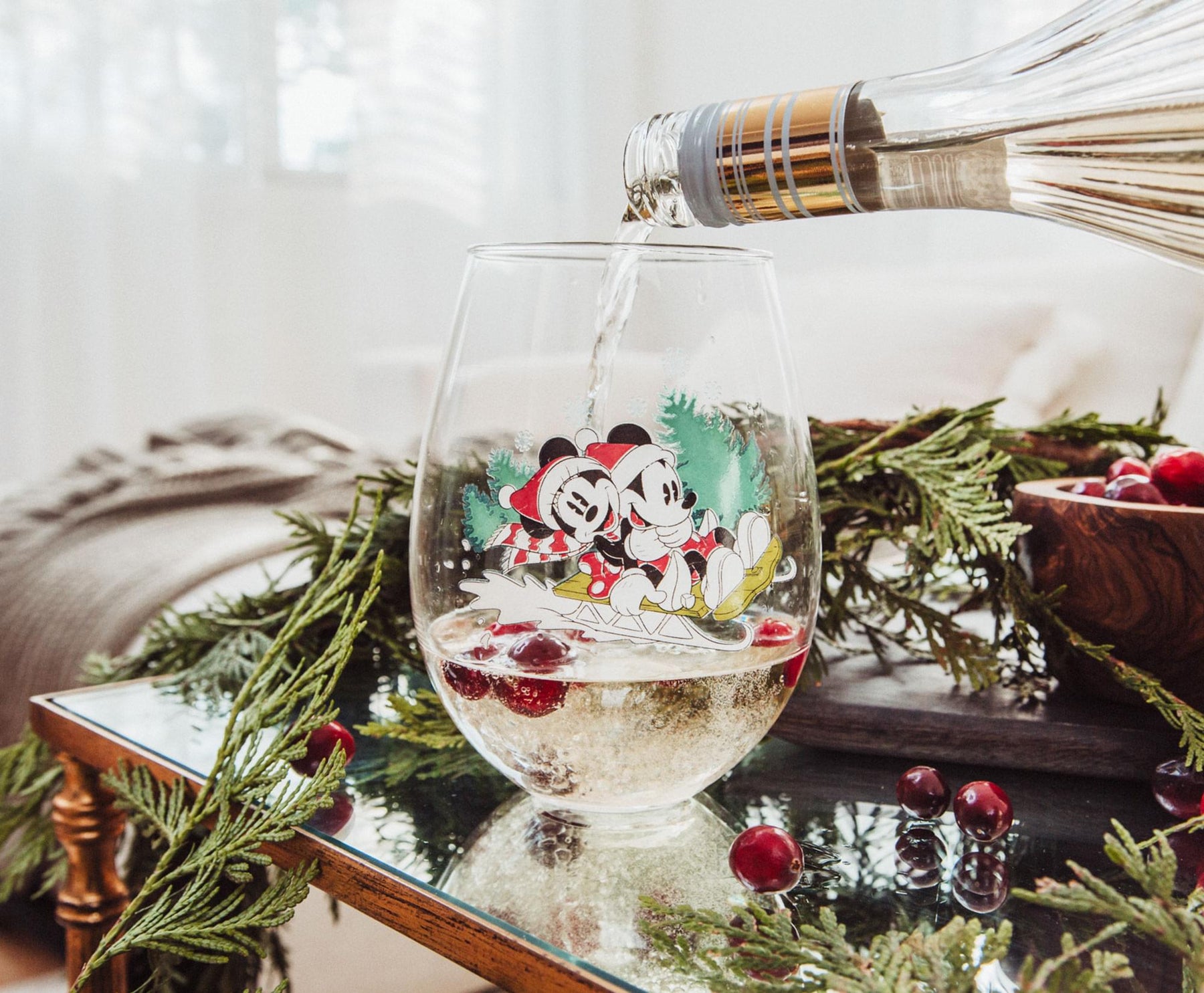 Disney Mickey and Minnie Christmas Sled Stemless Wine Glass | Holds 34 Ounces