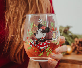 Disney Minnie Mouse Christmas Wreath Stemless Wine Glass | Holds 20 Ounces