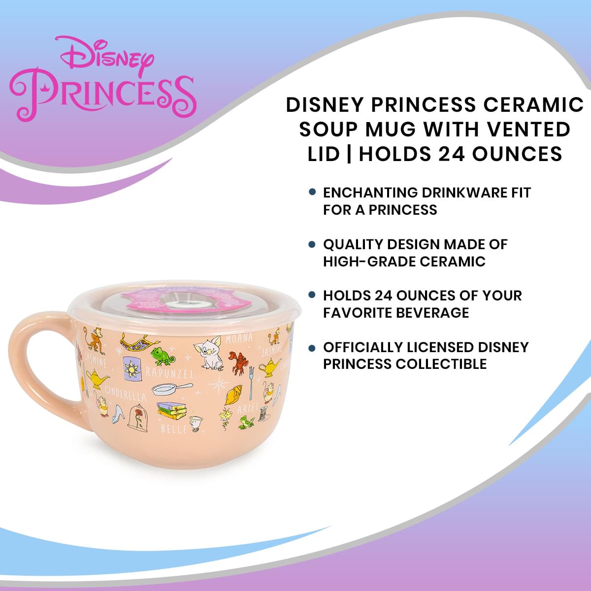 Disney Princess Ceramic Soup Mug with Vented Lid | Holds 24 Ounces