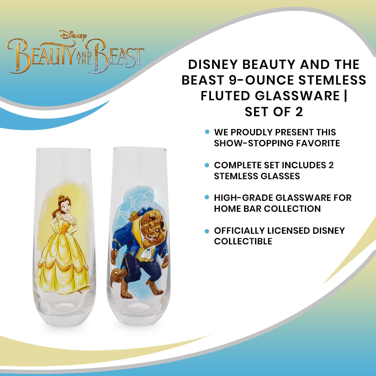 Disney Beauty and the Beast 9-Ounce Stemless Fluted Glassware | Set of 2