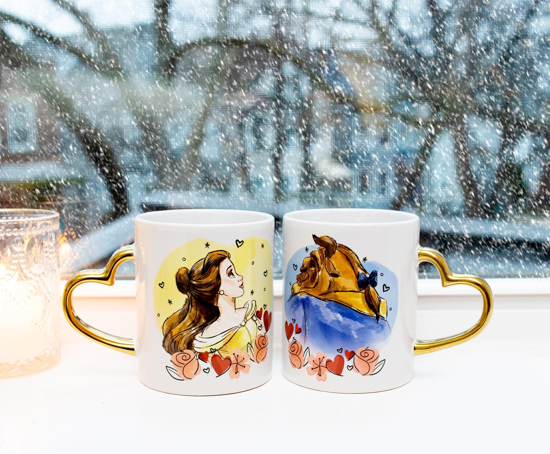 Disney Beauty and the Beast Sculpted Handle Mug Set | Each Holds 14 Ounces