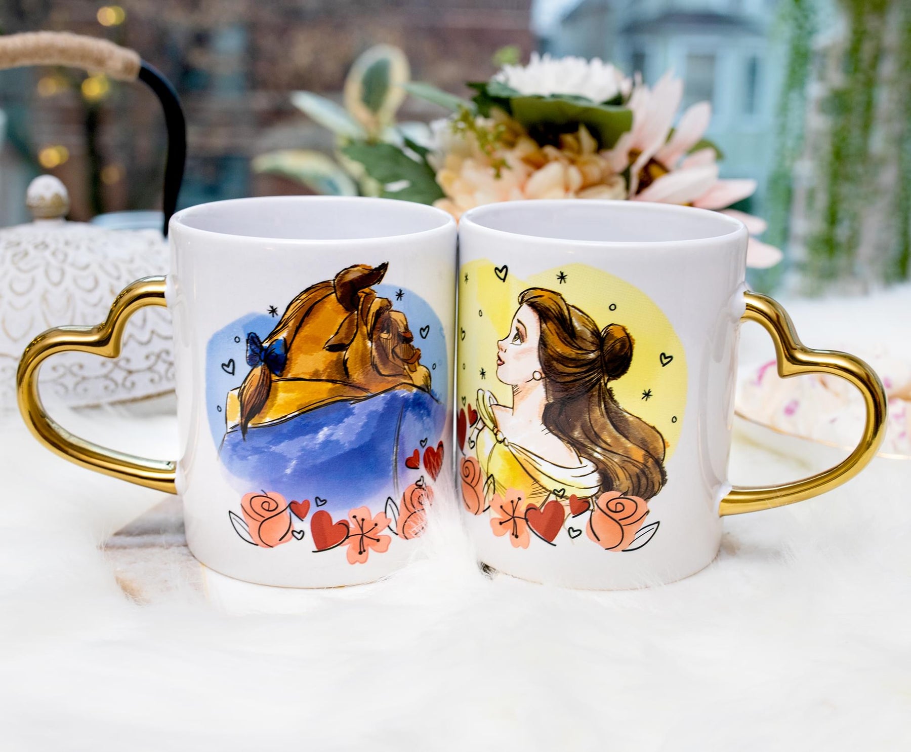 Disney Beauty and The Beast Sculpted Handle Mug Set | Each Holds 14 Ounces