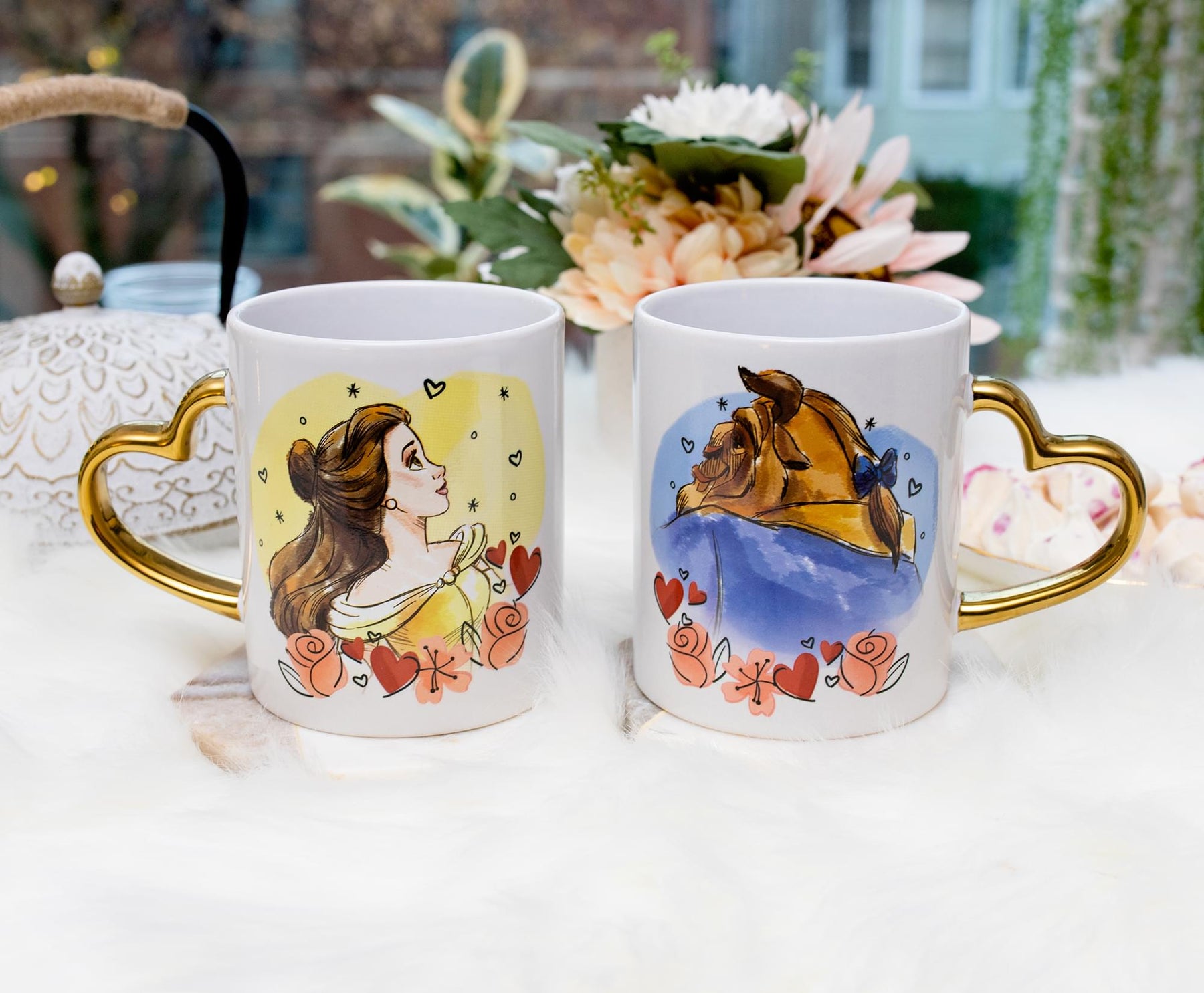 Disney Beauty and the Beast Sculpted Handle Mug Set | Each Holds 14 Ounces