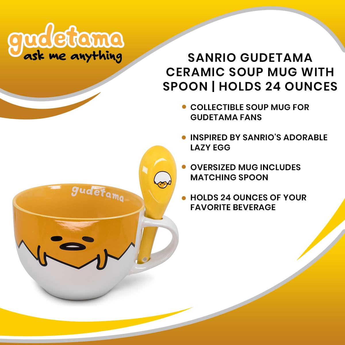 Sanrio Gudetama Ceramic Soup Mug With Spoon | Holds 24 Ounces