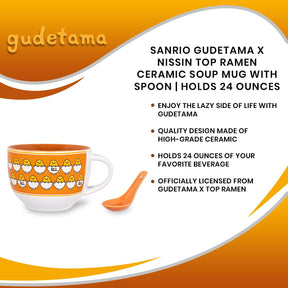 Sanrio Gudetama x Nissin Top Ramen Ceramic Soup Mug with Spoon | Holds 24 Ounces