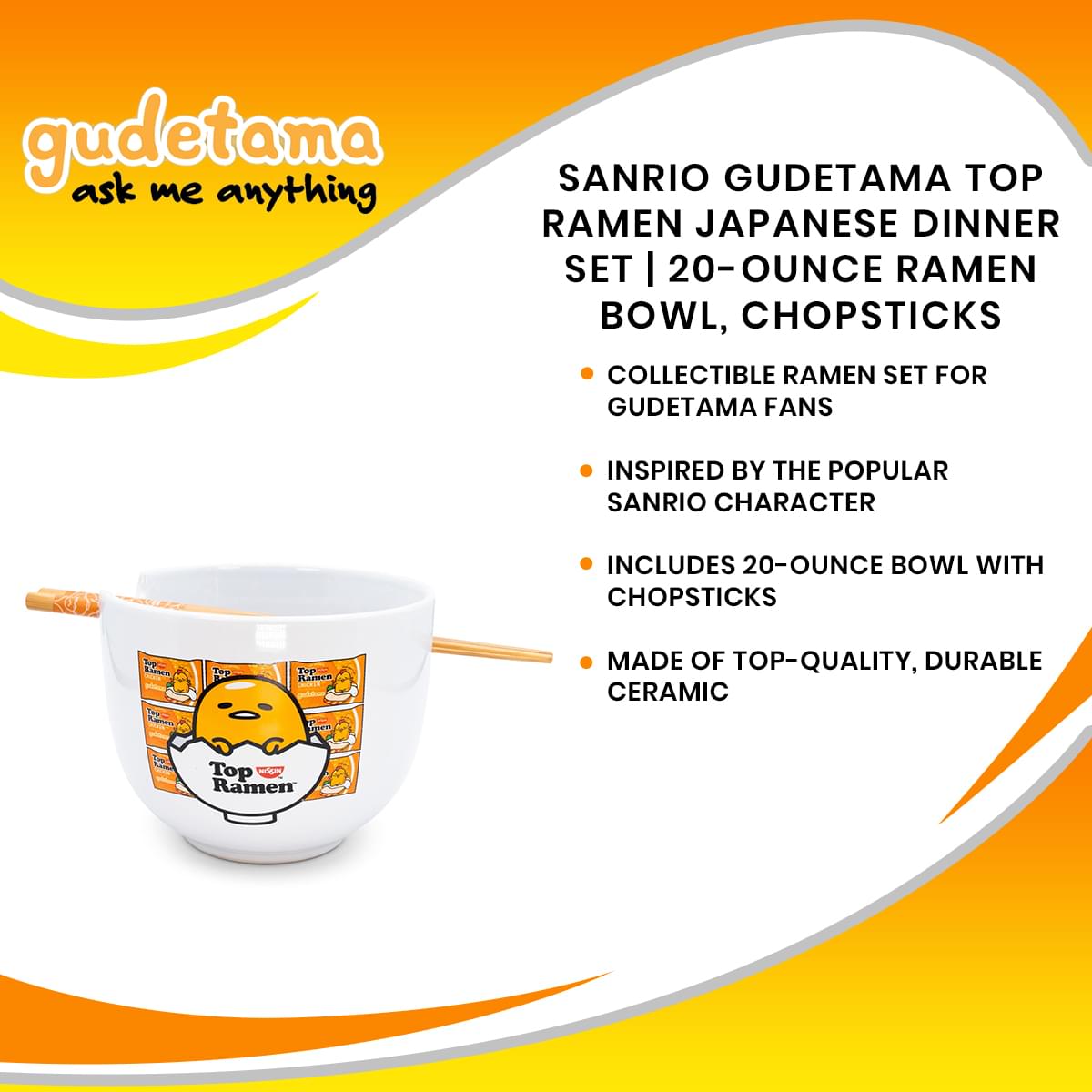 Sanrio Gudetama Top Ramen Japanese Dinner Set | 20-Ounce Ramen Bowl, Chopsticks