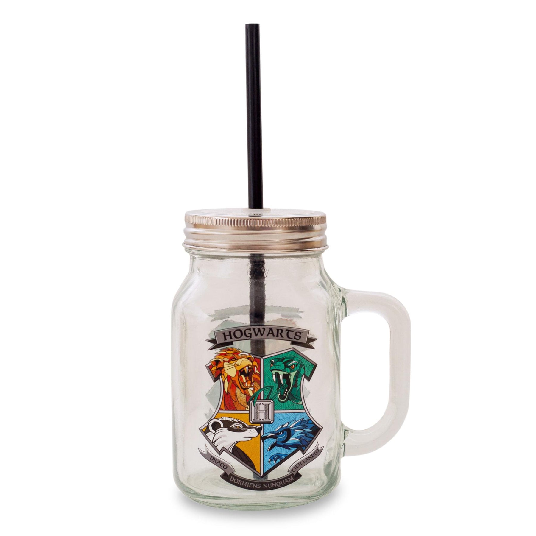 Harry Potter Hogwarts Crest 21 Ounce Glass Mason Jar With Lid and Straw