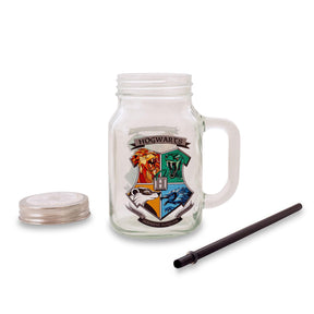 Harry Potter Hogwarts Crest 21 Ounce Glass Mason Jar With Lid and Straw