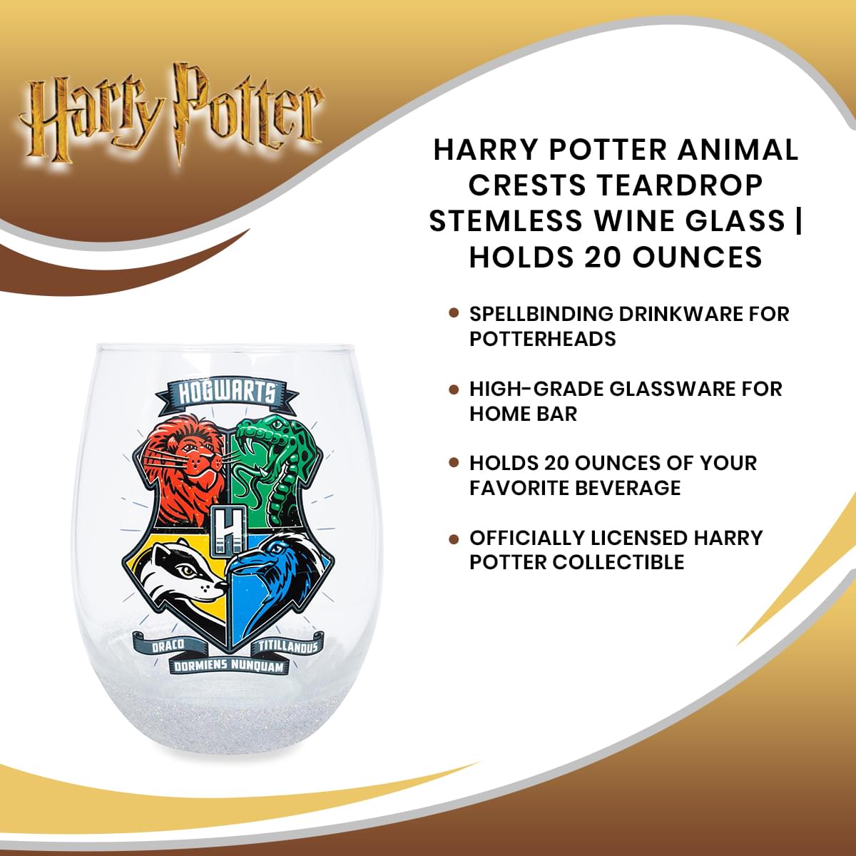 Harry Potter Animal Crests Teardrop Stemless Wine Glass | Holds 20 Ounces