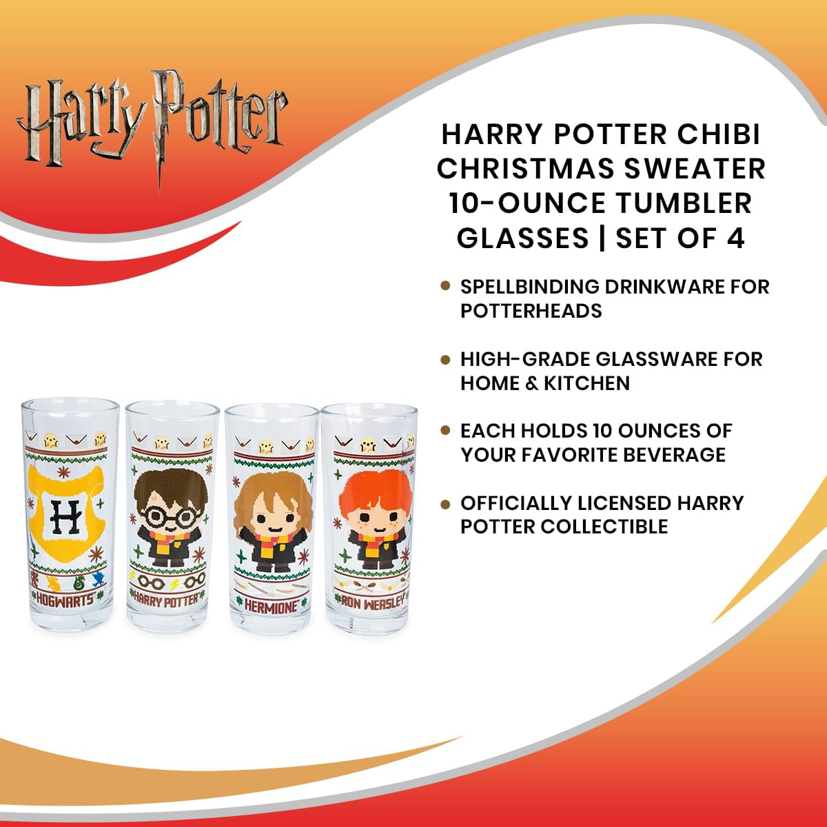 Harry Potter Chibi Christmas Sweater 10-Ounce Tumbler Glasses | Set of 4