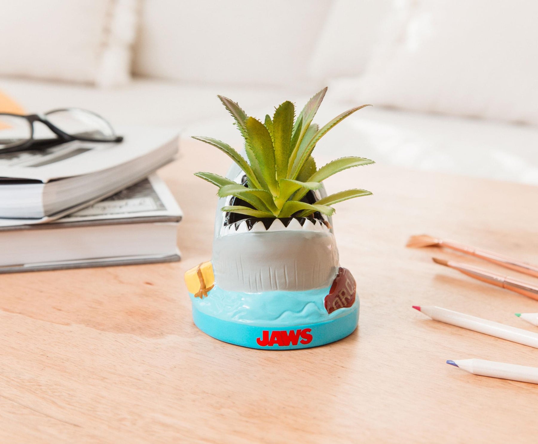 JAWS Shark 4-Inch Ceramic Mini Planter With Artificial Succulent