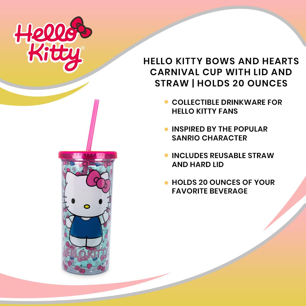 Hello Kitty Bows and Hearts Carnival Cup with Lid and Straw Holds 20 Ounces