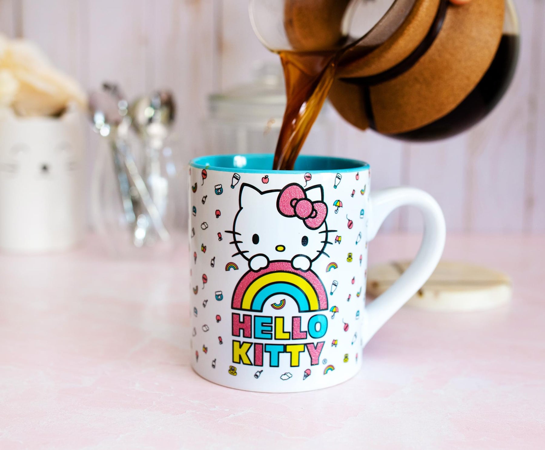 Sanrio Hello Kitty Rainbow Glitter Ceramic Mug | Holds 14 Ounces