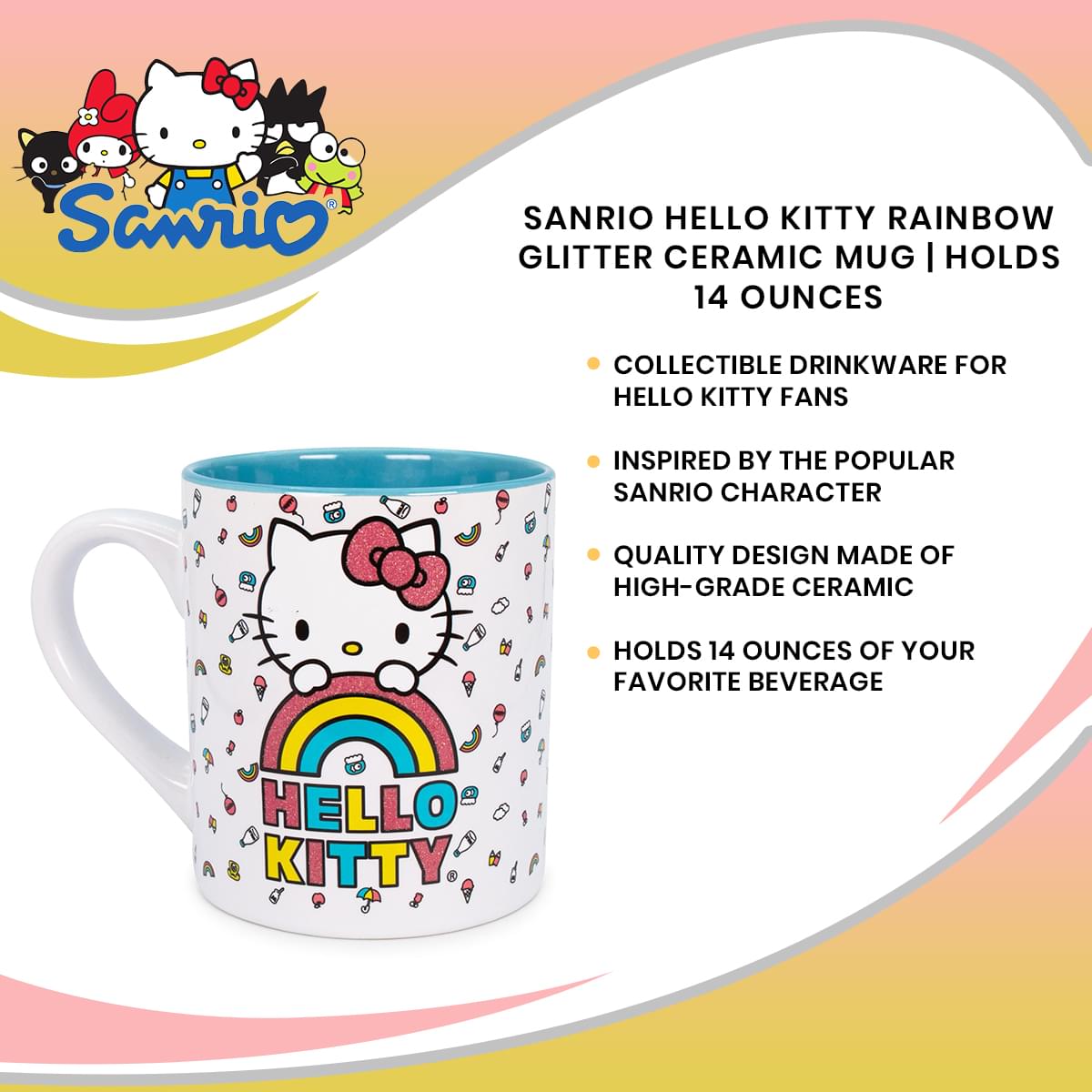 Sanrio Hello Kitty Rainbow Glitter Ceramic Mug | Holds 14 Ounces