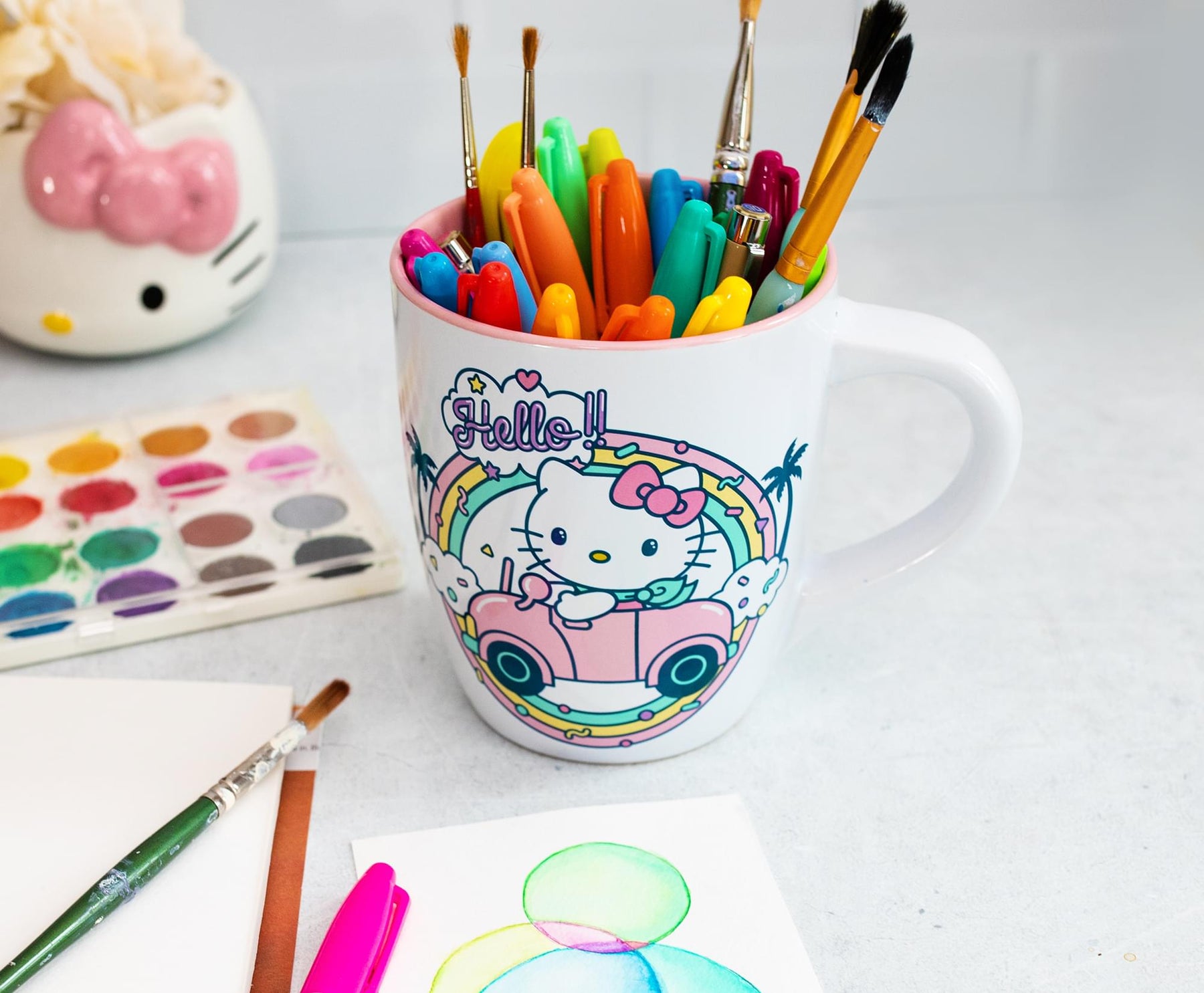 Sanrio Hello Kitty Rainbow Car Jumbo Curved Ceramic Latte Mug | Holds 25 Ounces