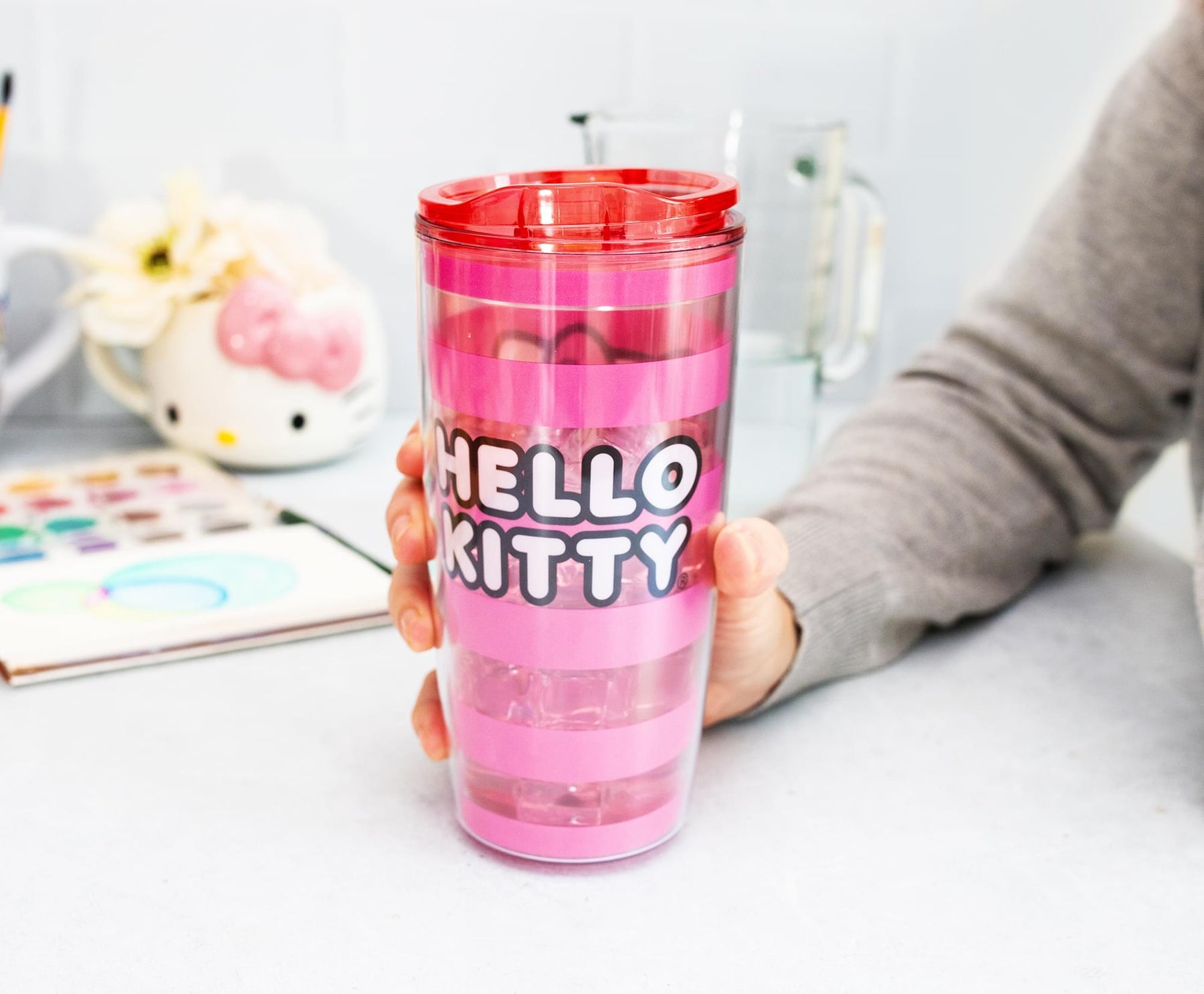 Sanrio Hello Kitty Pink Stripes Travel Tumbler with Slide Close Lid | 20 Ounces