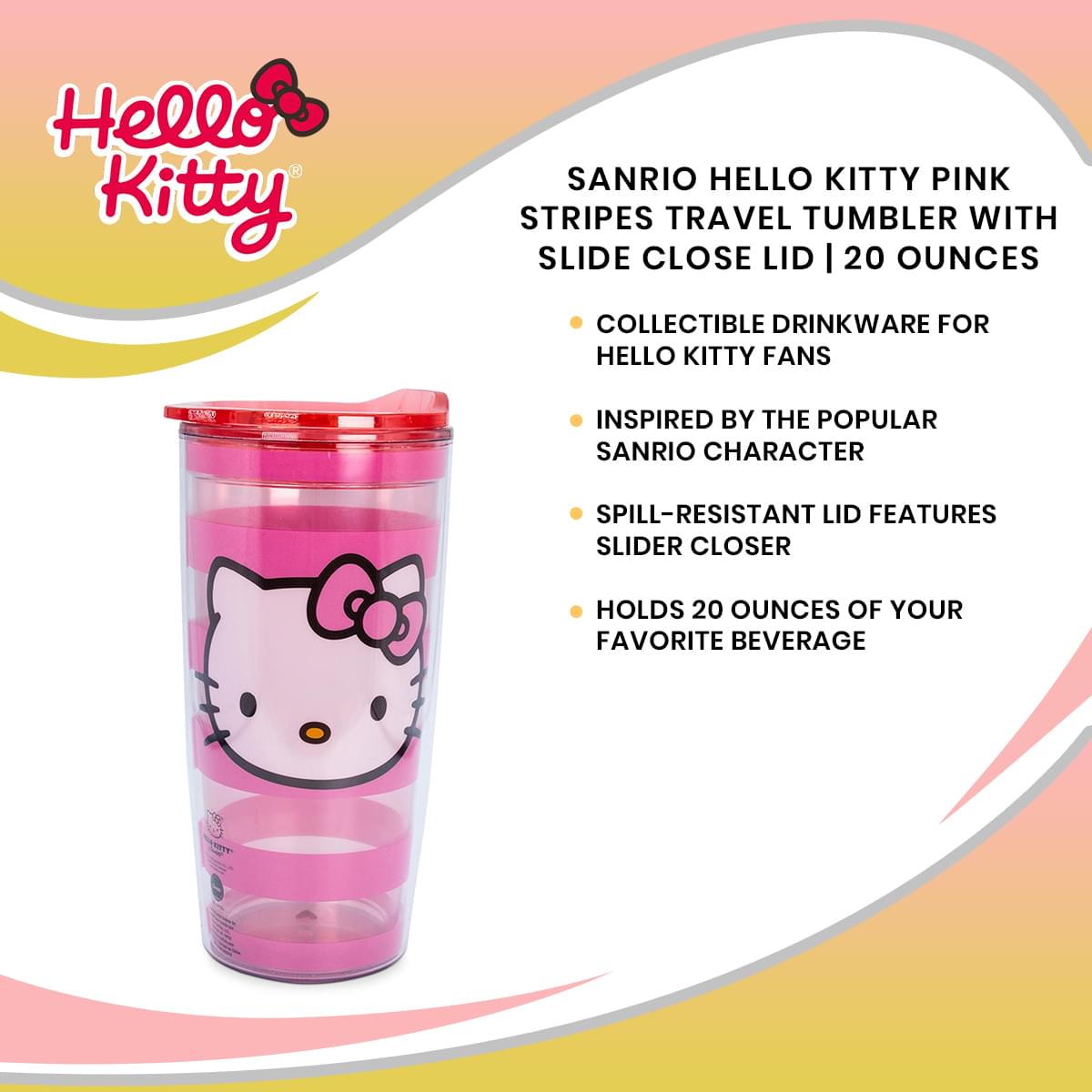 Sanrio Hello Kitty Pink Stripes Travel Tumbler with Slide Close Lid | 20 Ounces