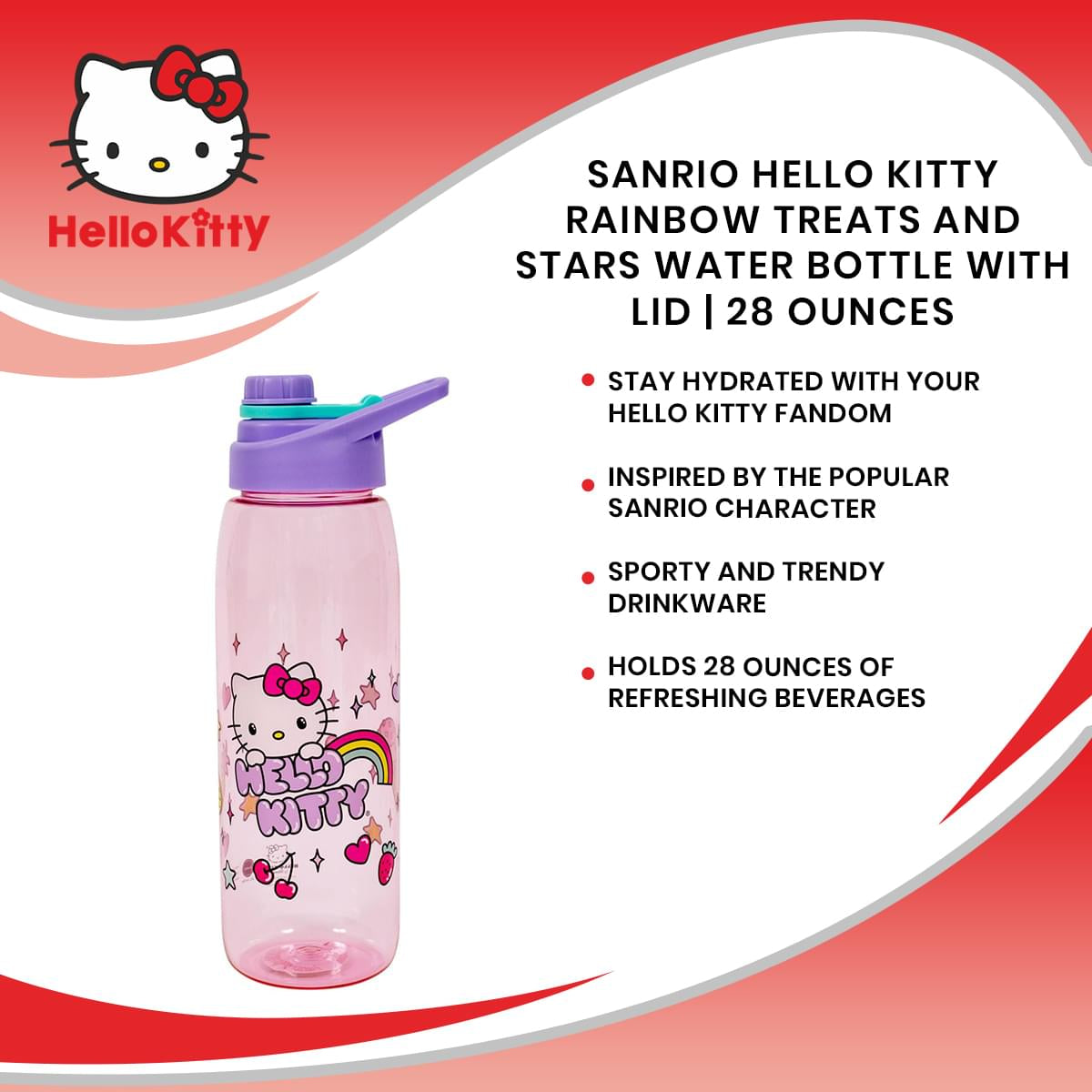 Sanrio Hello Kitty Rainbow Treats and Stars Water Bottle with Lid | 28 Ounces