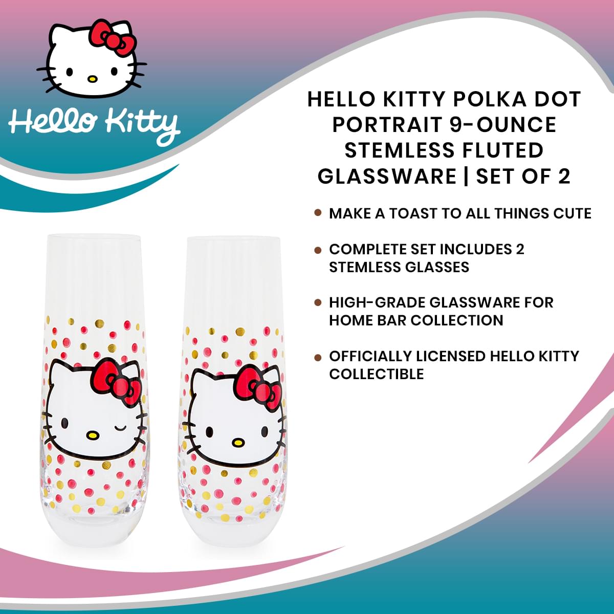 Hello Kitty Polka Dot Portrait 9-Ounce Stemless Fluted Glassware | Set of 2