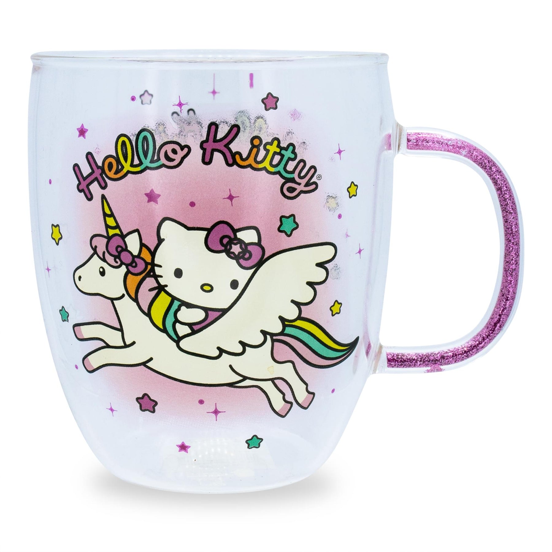 Sanrio Hello Kitty Unicorn Glass Mug With Glitter Handle | Holds 14 Ounces