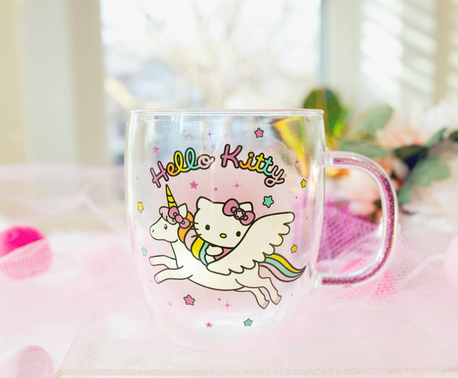 Sanrio Hello Kitty Unicorn Glass Mug With Glitter Handle | Holds 14 Ounces