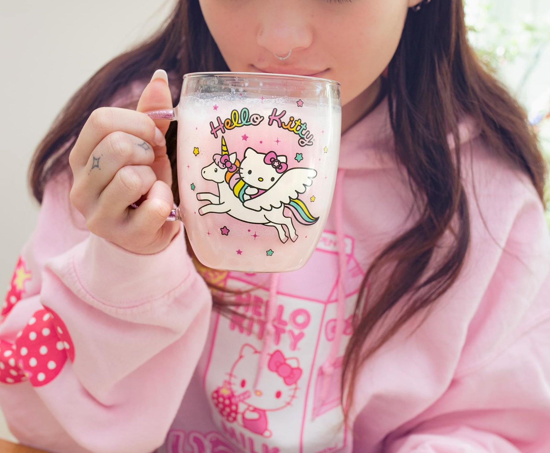 Sanrio Hello Kitty Unicorn Glass Mug With Glitter Handle | Holds 14 Ounces